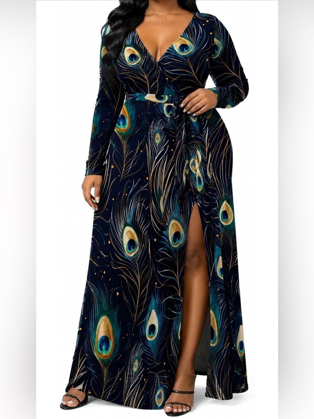 Plus Size Wrap Dress | Navy | Peacock Print with Side Slit | 5x